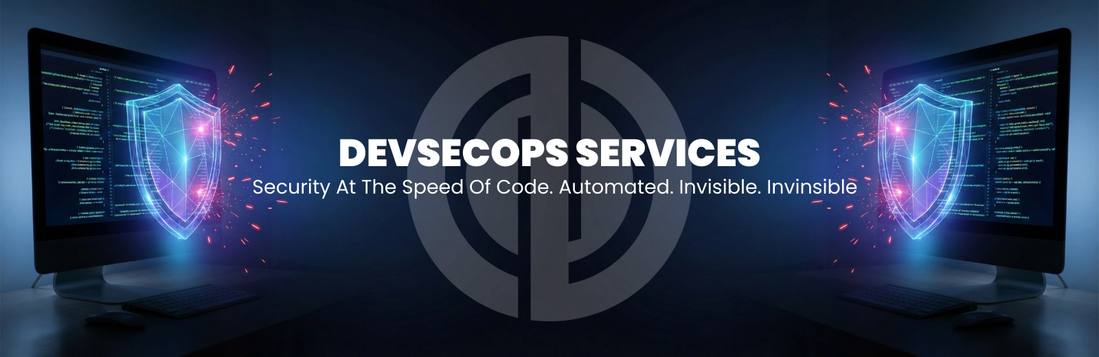 DevSecOps services banner with CI/CD infinity loop, digital shield, and security automation tagline.
