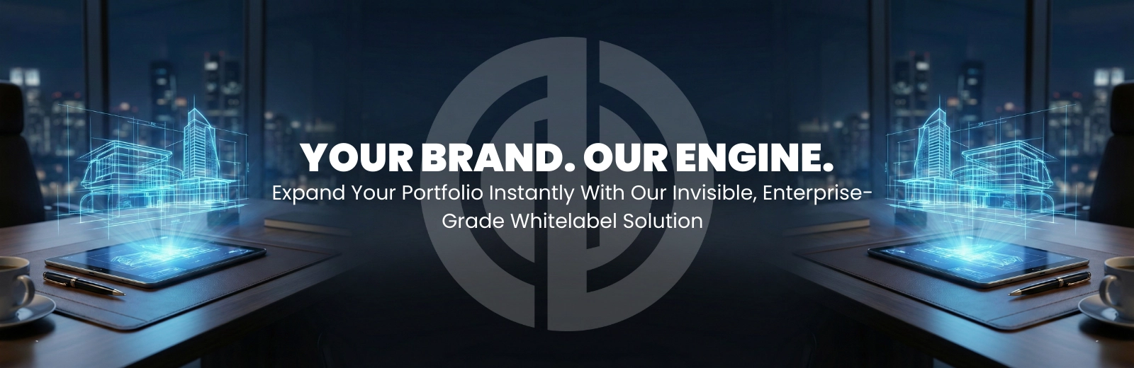 Whitelabel engineering banner with 3D mechanical engine and enterprise-grade branding tagline.