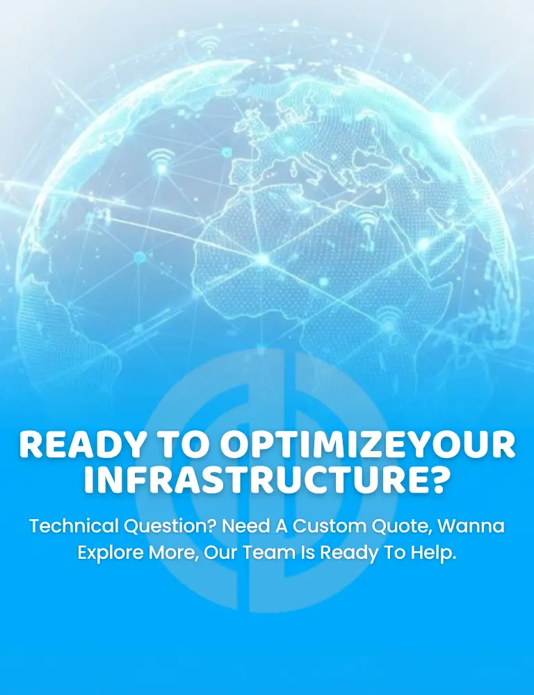 Infrastructure optimization banner with glowing globe, network lines, and technical support tagline.