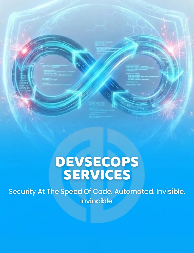 DevSecOps services banner with CI/CD infinity loop, digital shield, and security automation tagline.