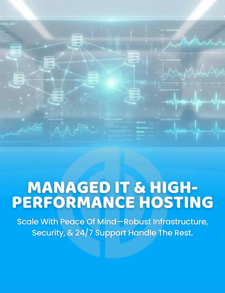 Managed IT and hosting banner with server network graphics and 24/7 support tagline.